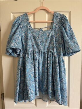 Blue Floral Puff Sleeve Babydoll Top